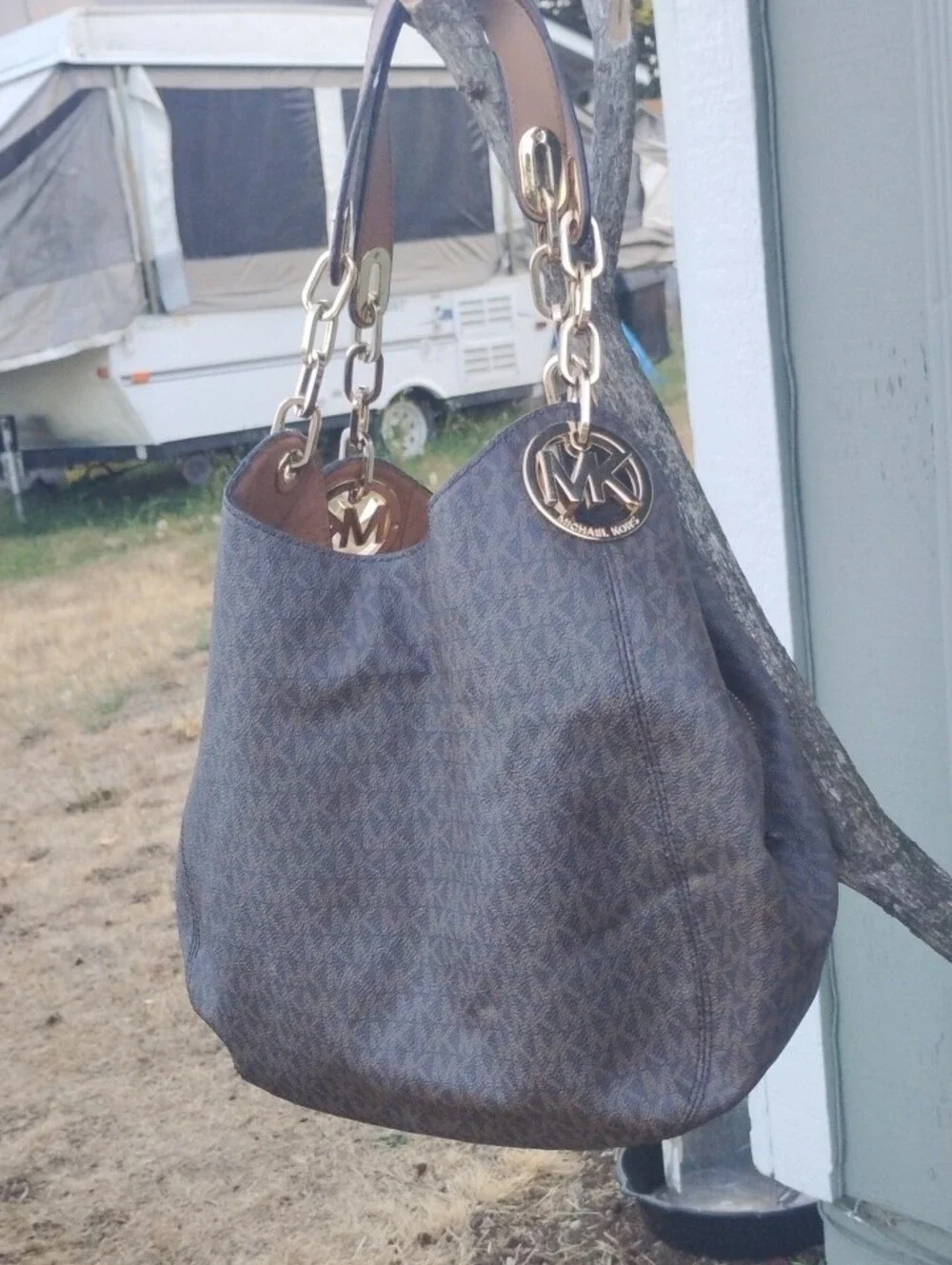 Michael Kors Brown Logo-Print Hobo with Gold Hardware